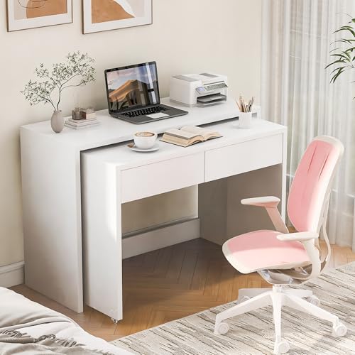 Rosebibi Regalschreibtisch+Kommode-2-in-1 Kompaktschreibtisch, ausziehbar,der gesamte Tisch ist aus 1.8cm starkem Holz gefertigt, mit Rollen ausgestattet,Faltbarer Schreibtisch (Weiß-2) von Rosebibi