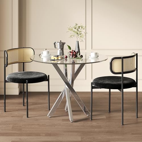 Rosebibi Runder Esstisch, 80x80x75 Tischplatte aus gehärtetem Glas, galvanisierte Tischbeine, Kaffee-Freizeittisch, moderner einfacher Esstisch, Silber von Rosebibi