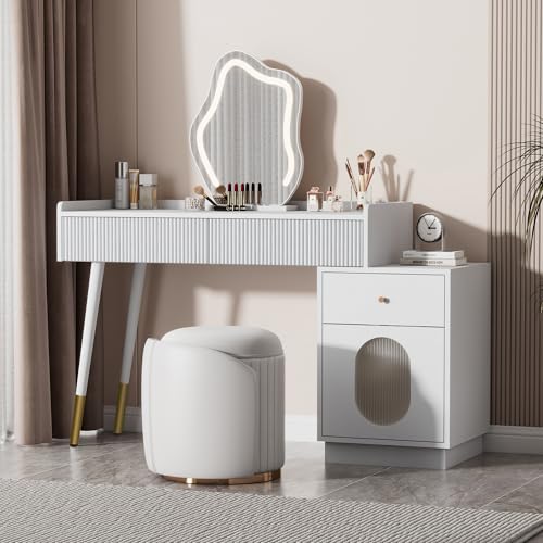 Rosebibi Schminktisch mit LED-Spiegel und Beleuchtung - Weißes Schminktisch-Set für Schlafzimmer mit DREI geräumigen Schubladen und Einer Tür - Maße: B100/H75/T40cm(ohne Hocker) von Rosebibi