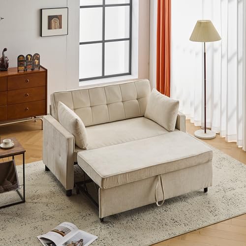Rosebibi [Sofabett mit Schlaffunktion] Zweisitziges Sofa, Doppelschlafsofa, verstellbare Rückenlehne, Chenille-Stoff, hochdichter Schaumstoff, Wohnzimmersofa, Sofa mit Bettfunktion (Beige) von Rosebibi