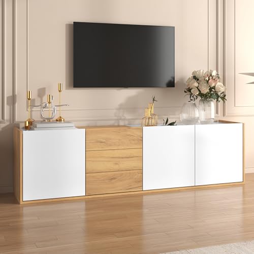 Rosebibi TV-Schrank, niedriges Paneel in Weiß und Holzfarben, TV-Möbel, die an die Wand gehängt oder auf den Boden gestellt Werden können von Rosebibi