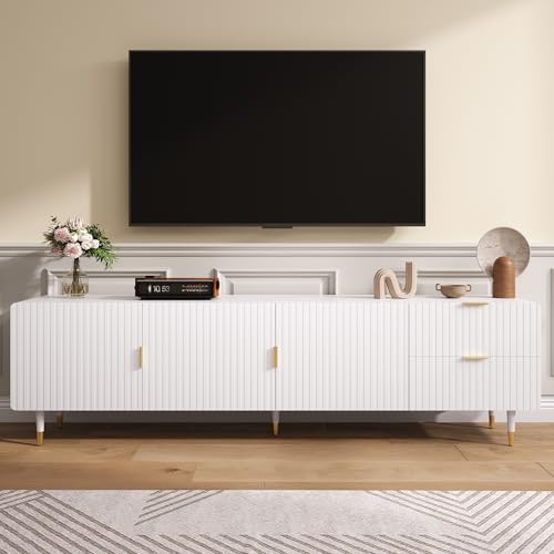 Rosebibi TV-Schrank mit Schubladen, TV-Möbel mit goldenen Griffen, goldenen Beinen und verstellbaren Füßen. Türen mit Regalen (Weiß-1) von Rosebibi