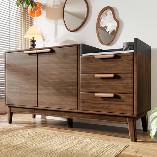 Rosebibi Wohnzimmer Kommode in Eiche Dekor mit Marmor-Optik Platte - Offene Ablage+3 Schubladen & Doppeltürschrank (innen höhenverstellbar) - Massivholzbeine & kehrroboterfähig, H77/B120/T40cm von Rosebibi
