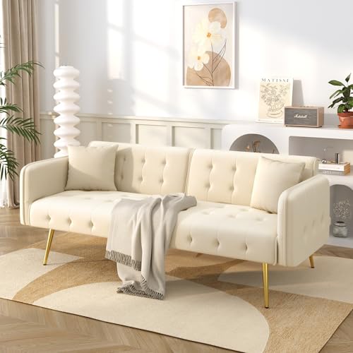 Rosebibi Zweisitzer-Multifunktions-Sofabett mit Bettfunktion, Verstellbarer Rückenlehne+mehrstelligen Armlehnen. Modernes Faltsofabett für Wohnzimmer - Veloursbezug. Großzügiger Schlafbereich (Beige) von Rosebibi