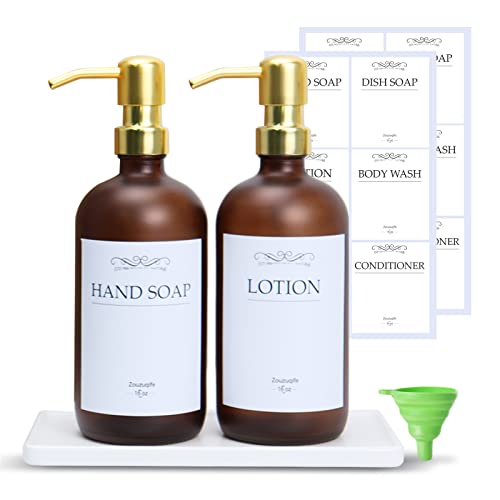 Glas Seifenspender Set-2er Seifenspender Braun 500ml mit Keramikschale Spülmittelspender für Küche und Badezimmer Shampoo Spender zum Befüllen, Pumpspender, Aufkleber, Trichter von Roselee