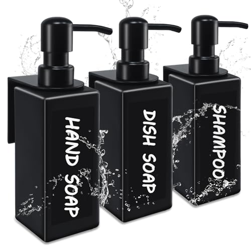 Roselee 3er Seifenspender Schwarz Matt Set 350ml Seifenspender Wandbefestigung, Seifenspender Glas Ohne Bohren mit Edelstahl 304 Pumpe, Trichter und Wasserdichten Etiketten für Küche Bad von Roselee