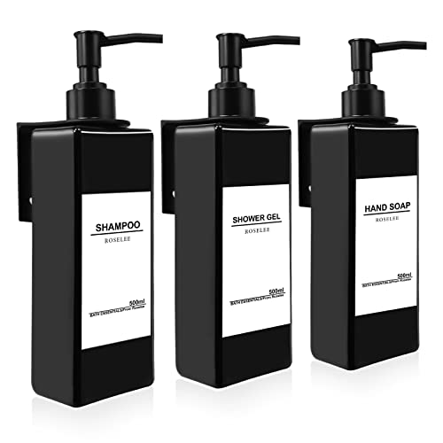 Roselee 3er Seifenspender Wandbefestigung Set 500ml Seifenspender Wand Schwarz Seifenspender Ohne Bohren Kunststoff Pumpspender mit Trichter und Wasserdichten Etiketten für Küche Bad von Roselee