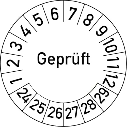 Geprüft Prüfplakette, 100 Stück, in verschiedenen Farben und Größen, Prüfetikett Prüfsiegel Plakette (25 mm Ø, Weiß) von Rosenbaum Offsetdruck