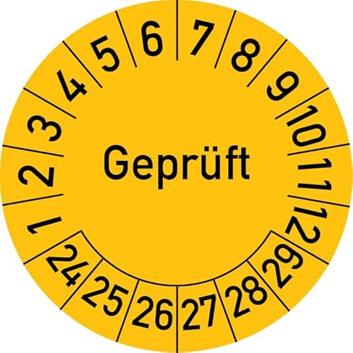 Geprüft Prüfplakette, 100 Stück, in verschiedenen Farben und Größen, Prüfetikett Prüfsiegel Plakette (35 mm Ø, Gelb) von Rosenbaum Offsetdruck