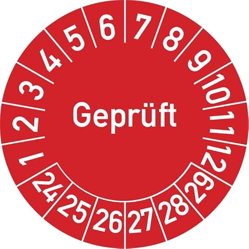 Geprüft Prüfplakette, 100 Stück, in verschiedenen Farben und Größen, Prüfetikett Prüfsiegel Plakette (35 mm Ø, Rot) von Rosenbaum Offsetdruck