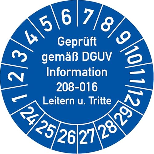 Geprüft gemäß DGUV Information 208-016 Prüfplakette, 100 Stück, in verschiedenen Farben und Größen, Prüfetikett Prüfsiegel Plakette Leitern und Tritte (ehemals BGV D 36) (20 mm Ø, Blau) von Rosenbaum Offsetdruck