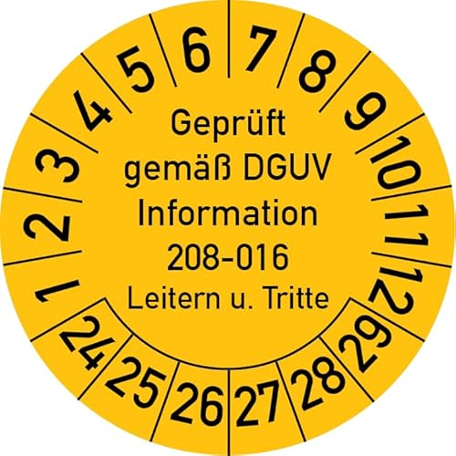 Geprüft gemäß DGUV Information 208-016 Prüfplakette, 100 Stück, in verschiedenen Farben und Größen, Prüfetikett Prüfsiegel Plakette Leitern und Tritte (ehemals BGV D 36) (20 mm Ø, Gelb) von Rosenbaum Offsetdruck