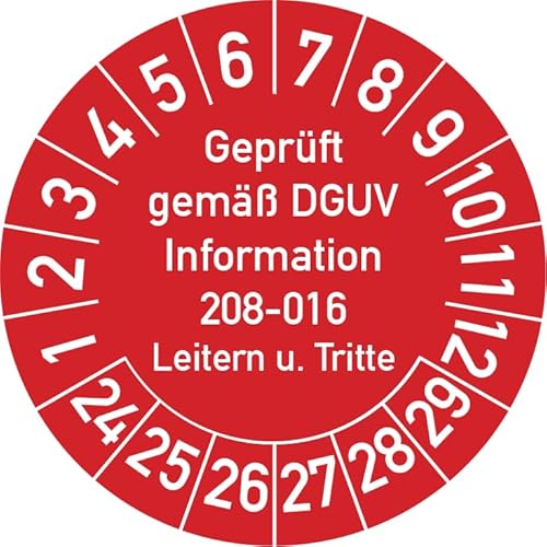 Geprüft gemäß DGUV Information 208-016 Prüfplakette, 100 Stück, in verschiedenen Farben und Größen, Prüfetikett Prüfsiegel Plakette Leitern und Tritte (ehemals BGV D 36) (20 mm Ø, Rot) von Rosenbaum Offsetdruck