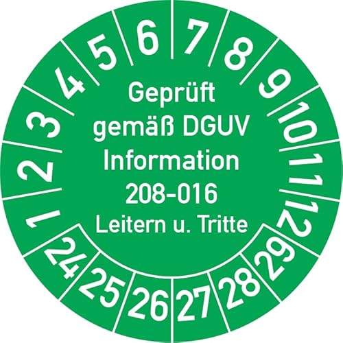 Geprüft gemäß DGUV Information 208-016 Prüfplakette, 100 Stück, in verschiedenen Farben und Größen, Prüfetikett Prüfsiegel Plakette Leitern und Tritte (ehemals BGV D 36) (25 mm Ø, Grün) von Rosenbaum Offsetdruck