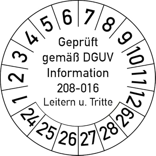 Geprüft gemäß DGUV Information 208-016 Prüfplakette, 100 Stück, in verschiedenen Farben und Größen, Prüfetikett Prüfsiegel Plakette Leitern und Tritte (ehemals BGV D 36) (30 mm Ø, Weiß) von Rosenbaum Offsetdruck