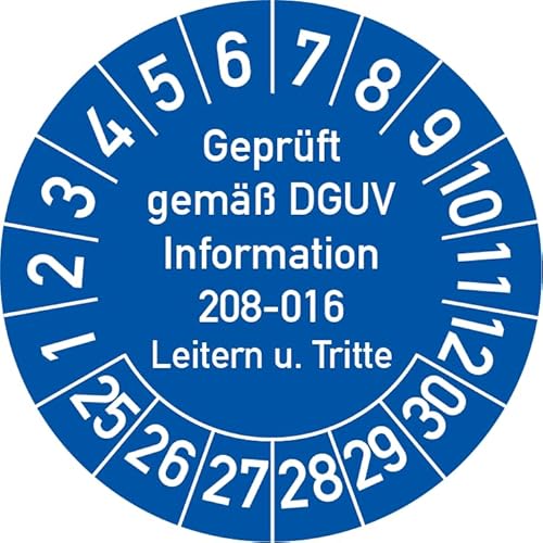 Geprüft gemäß DGUV Information 208-016 Prüfplakette, 100 Stück, in verschiedenen Farben und Größen, Prüfetikett Prüfsiegel Plakette Leitern und Tritte (ehemals BGV D 36) (35 mm Ø, Blau) von Rosenbaum Offsetdruck