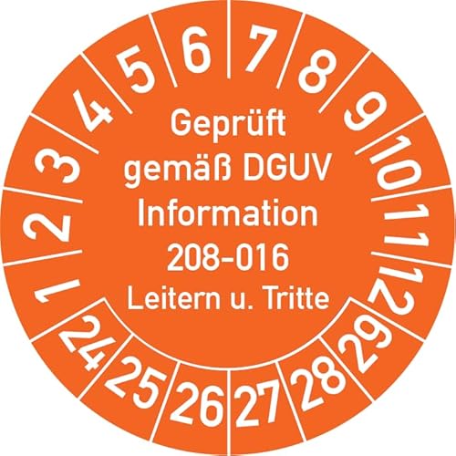 Geprüft gemäß DGUV Information 208-016 Prüfplakette, 250 Stück, in verschiedenen Farben und Größen, Prüfetikett Prüfsiegel Plakette Leitern und Tritte (ehemals BGV D 36) (25 mm Ø, Orange) von Rosenbaum Offsetdruck