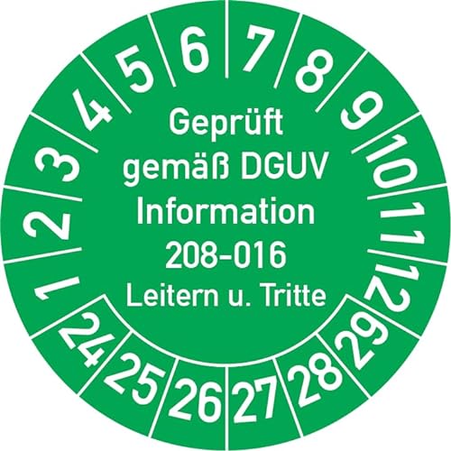 Geprüft gemäß DGUV Information 208-016 Prüfplakette, 250 Stück, in verschiedenen Farben und Größen, Prüfetikett Prüfsiegel Plakette Leitern und Tritte (ehemals BGV D 36) (30 mm Ø, Grün) von Rosenbaum Offsetdruck