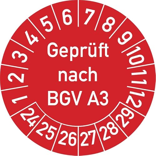 Geprüft nach BGV A3 Prüfplakette, 250 Stück, in verschiedenen Farben und Größen, Prüfetikett Prüfsiegel Plakette (20 mm Ø, Rot) von Rosenbaum Offsetdruck