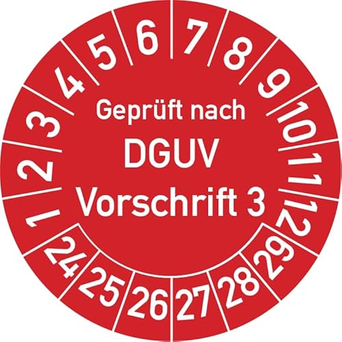 Geprüft nach DGUV Vorschrift 3 Prüfplakette, 100 Stück, in verschiedenen Farben und Größen, Prüfetikett Prüfsiegel Plakette DGUV V3 (20 mm Ø, Rot) von Rosenbaum Offsetdruck