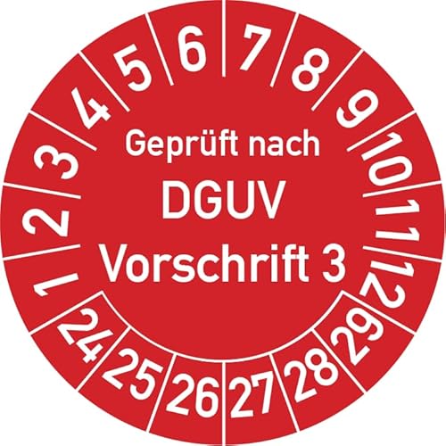 Geprüft nach DGUV Vorschrift 3 Prüfplakette, 100 Stück, in verschiedenen Farben und Größen, Prüfetikett Prüfsiegel Plakette DGUV V3 (25 mm Ø, Rot) von Rosenbaum Offsetdruck