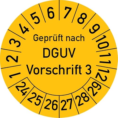 Geprüft nach DGUV Vorschrift 3 Prüfplakette, 250 Stück, in verschiedenen Farben und Größen, Prüfetikett Prüfsiegel Plakette DGUV V3 (20 mm Ø, Gelb) von Rosenbaum Offsetdruck