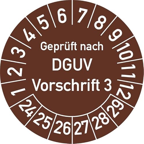 Geprüft nach DGUV Vorschrift 3 Prüfplakette, 500 Stück, in verschiedenen Farben und Größen, Prüfetikett Prüfsiegel Plakette DGUV V3 (25 mm Ø, Braun) von Rosenbaum Offsetdruck