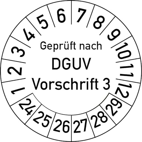 Geprüft nach DGUV Vorschrift 3 Prüfplakette, 500 Stück, in verschiedenen Farben und Größen, Prüfetikett Prüfsiegel Plakette DGUV V3 (30 mm Ø, Weiß) von Rosenbaum Offsetdruck