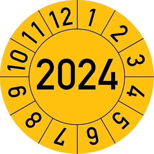 Jahresprüfplakette 2024 in verschiedenen Farben und Größen, 100 Stück, Prüfetikett Prüfplakette Jahresplakette (20 mm Ø, Gelb) von Rosenbaum Offsetdruck