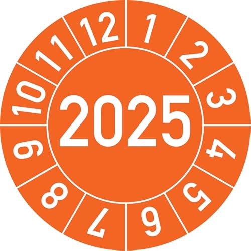 Jahresprüfplakette 2025 in verschiedenen Farben und Größen, 100 Stück, Prüfetikett Prüfplakette Jahresplakette (35 mm Ø, Orange) von Rosenbaum Offsetdruck