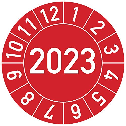 Jahresprüfplakette 2023 in verschiedenen Farben und Größen, 500 Stück, Prüfetikett Prüfplakette Jahresplakette (35 mm Ø, Rot) von Rosenbaum Offsetdruck