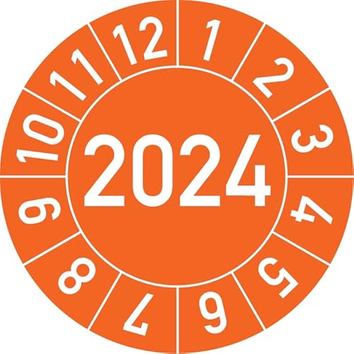 Jahresprüfplakette 2024 in verschiedenen Farben und Größen, 100 Stück, Prüfetikett Prüfplakette Jahresplakette (20 mm Ø, Orange) von Rosenbaum Offsetdruck