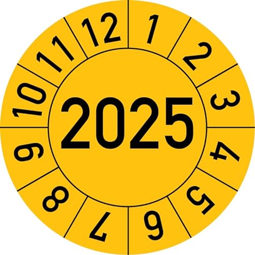 Jahresprüfplakette 2025 in verschiedenen Farben und Größen, 250 Stück, Prüfetikett Prüfplakette Jahresplakette (35 mm Ø, Gelb) von Rosenbaum Offsetdruck