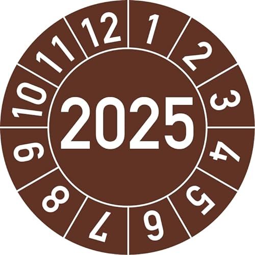 Jahresprüfplakette 2025 in verschiedenen Farben und Größen, 250 Stück, Prüfetikett Prüfplakette Jahresplakette (35 mm Ø, Braun) von Rosenbaum Offsetdruck