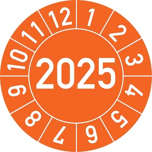 Jahresprüfplakette 2025 in verschiedenen Farben und Größen, 500 Stück, Prüfetikett Prüfplakette Jahresplakette (30 mm Ø, Orange) von Rosenbaum Offsetdruck
