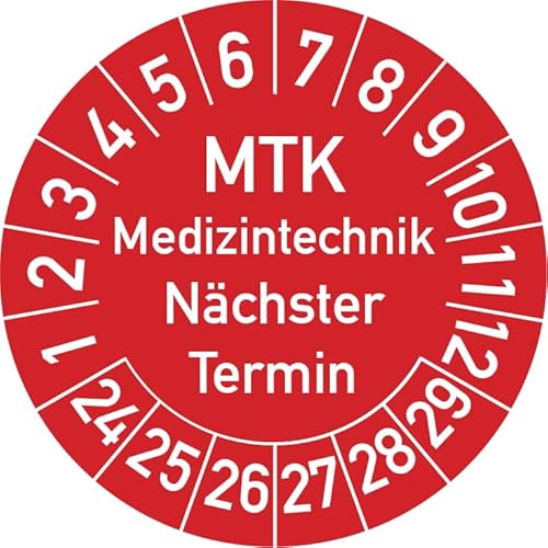 MTK Medizintechnik Nächster Termin Prüfplakette, 100 Stück, in verschiedenen Farben und Größen, Prüfetikett Prüfsiegel Plakette MTK Prüfung (20 mm Ø, Rot) von Rosenbaum Offsetdruck