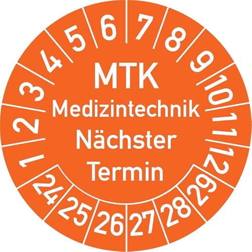 MTK Medizintechnik Nächster Termin Prüfplakette, 100 Stück, in verschiedenen Farben und Größen, Prüfetikett Prüfsiegel Plakette MTK Prüfung (30 mm Ø, Orange) von Rosenbaum Offsetdruck