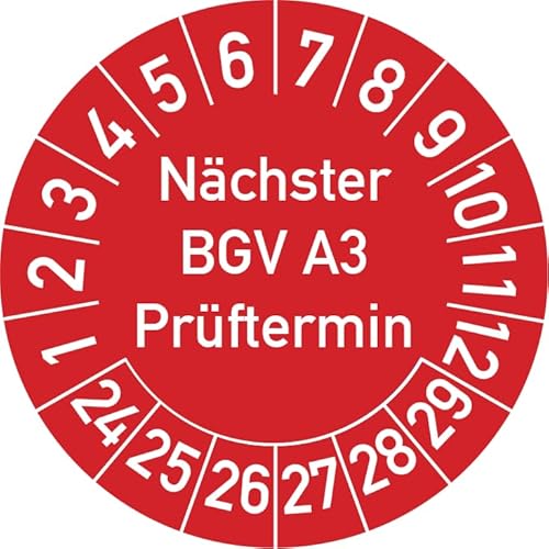 Nächster BGV A3 Prüftermin Prüfplakette, 100 Stück, in verschiedenen Farben und Größen, Prüfetikett Prüfsiegel Plakette (25 mm Ø, Rot) von Rosenbaum Offsetdruck