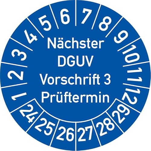 Nächster DGUV Vorschrift 3 Prüftermin Prüfplakette, 100 Stück, in verschiedenen Farben und Größen, Prüfetikett Prüfsiegel Plakette Nächste Prüfung DGUV V3 (20 mm Ø, Blau) von Rosenbaum Offsetdruck