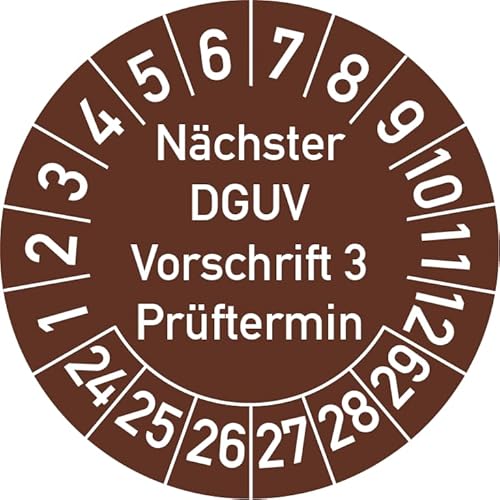 Nächster DGUV Vorschrift 3 Prüftermin Prüfplakette, 100 Stück, in verschiedenen Farben und Größen, Prüfetikett Prüfsiegel Plakette Nächste Prüfung DGUV V3 (20 mm Ø, Braun) von Rosenbaum Offsetdruck