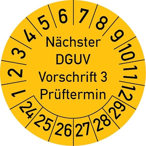 Nächster DGUV Vorschrift 3 Prüftermin Prüfplakette, 100 Stück, in verschiedenen Farben und Größen, Prüfetikett Prüfsiegel Plakette Nächste Prüfung DGUV V3 (20 mm Ø, Gelb) von Rosenbaum Offsetdruck