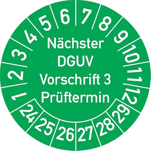 Nächster DGUV Vorschrift 3 Prüftermin Prüfplakette, 100 Stück, in verschiedenen Farben und Größen, Prüfetikett Prüfsiegel Plakette Nächste Prüfung DGUV V3 (20 mm Ø, Grün) von Rosenbaum Offsetdruck