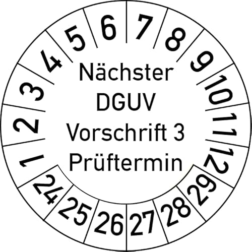 Nächster DGUV Vorschrift 3 Prüftermin Prüfplakette, 100 Stück, in verschiedenen Farben und Größen, Prüfetikett Prüfsiegel Plakette Nächste Prüfung DGUV V3 (20 mm Ø, Weiß) von Rosenbaum Offsetdruck