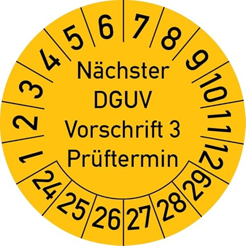 Nächster DGUV Vorschrift 3 Prüftermin Prüfplakette, 100 Stück, in verschiedenen Farben und Größen, Prüfetikett Prüfsiegel Plakette Nächste Prüfung DGUV V3 (25 mm Ø, Gelb) von Rosenbaum Offsetdruck