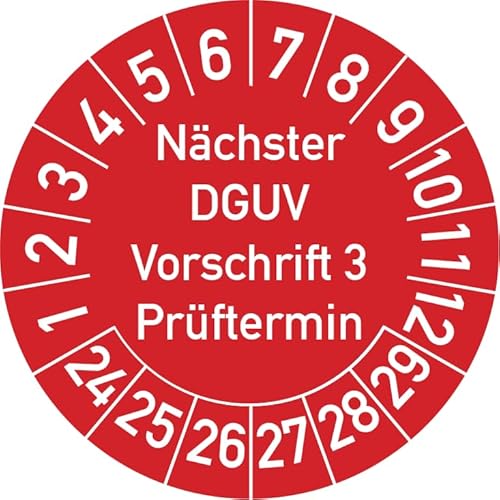 Nächster DGUV Vorschrift 3 Prüftermin Prüfplakette, 100 Stück, in verschiedenen Farben und Größen, Prüfetikett Prüfsiegel Plakette Nächste Prüfung DGUV V3 (25 mm Ø, Rot) von Rosenbaum Offsetdruck