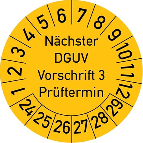 Nächster DGUV Vorschrift 3 Prüftermin Prüfplakette, 500 Stück, in verschiedenen Farben und Größen, Prüfetikett Prüfsiegel Plakette Nächste Prüfung DGUV V3 (20 mm Ø, Gelb) von Rosenbaum Offsetdruck