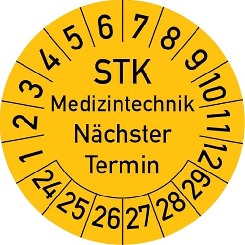 STK Medizintechnik Nächster Termin Prüfplakette, 100 Stück, in verschiedenen Farben und Größen, Prüfetikett Prüfsiegel Plakette STK Prüfung (20 mm Ø, Gelb) von Rosenbaum Offsetdruck