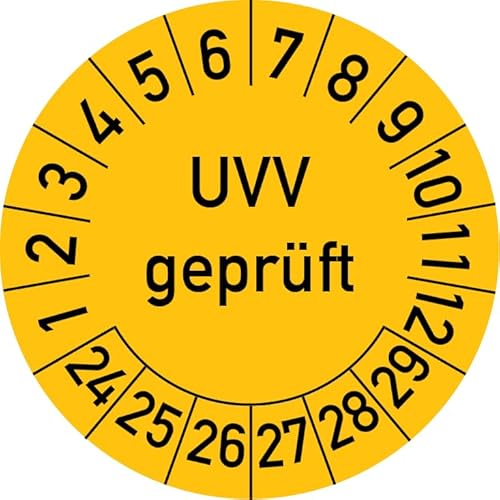 UVV Geprüft Prüfplakette, 100 Stück, in verschiedenen Farben und Größen, Prüfetikett Prüfsiegel Plakette (35 mm Ø, Gelb) von Rosenbaum Offsetdruck