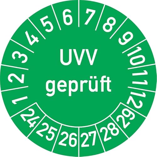 UVV Geprüft Prüfplakette, 100 Stück, in verschiedenen Farben und Größen, Prüfetikett Prüfsiegel Plakette (35 mm Ø, Grün) von Rosenbaum Offsetdruck