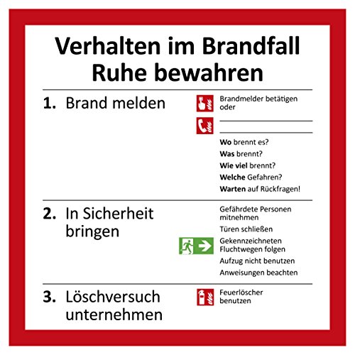 Verhalten im Brandfall Schild | 20 x 20 cm | Aushang für Brandmeldung, Notfall, Verhaltensregeln Betriebsaushang Hinweisschild 3mm | stabile Hartschaumplatte von Rosenbaum Offsetdruck